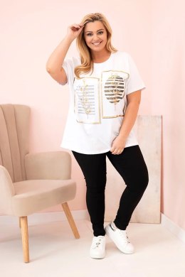Bluzka damska bawełniana Plus Size z dżetami biały + khaki  