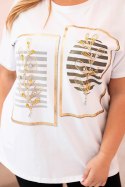 Bluzka damska bawełniana Plus Size z dżetami biały + khaki  