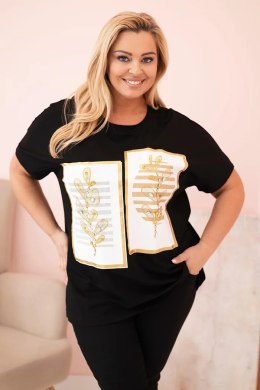 Bluzka damska bawełniana Plus Size z dżetami czarny + camelowy  