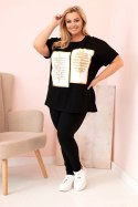 Bluzka damska bawełniana Plus Size z dżetami czarny + camelowy  