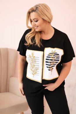 Bluzka damska bawełniana Plus Size z dżetami czarny + granatowy  