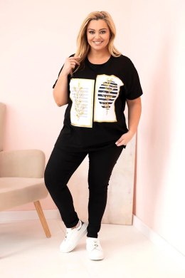 Bluzka damska bawełniana Plus Size z dżetami czarny + granatowy  