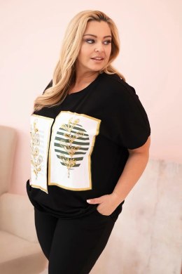 Bluzka damska bawełniana Plus Size z dżetami czarny + khaki  