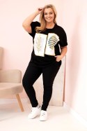 Bluzka damska bawełniana Plus Size z dżetami czarny + khaki  