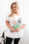 Bluzka damska bawełniana Plus Size z motywem piór biały + zielony  