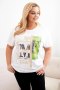 Bluzka damska bawełniana Plus Size z nadrukiem i cekinami biały + zielony  