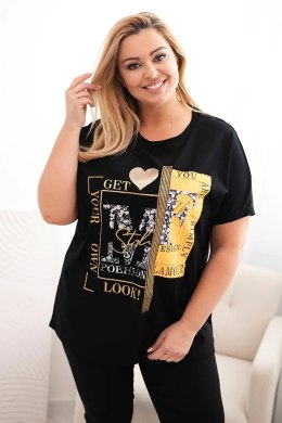 Bluzka damska bawełniana Plus Size z nadrukiem i cekinami czarny + pomarańczowy  