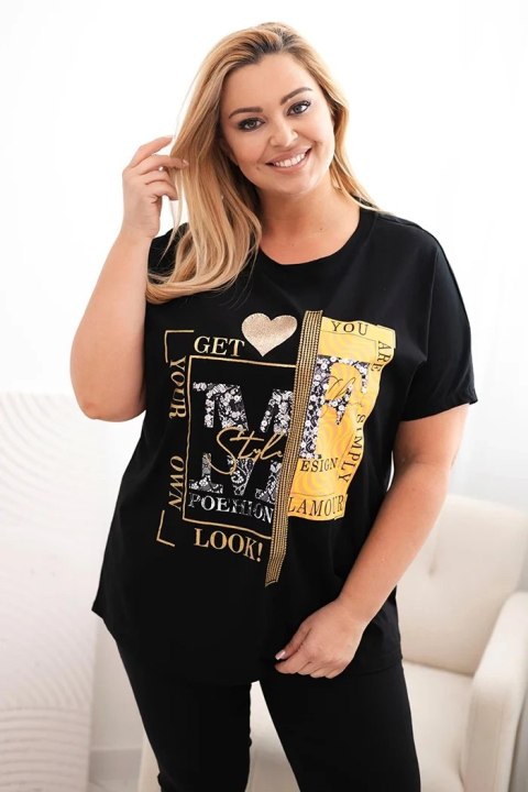 Bluzka damska bawełniana Plus Size z nadrukiem i cekinami czarny + pomarańczowy  