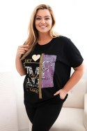 Bluzka damska bawełniana Plus Size z nadrukiem i cekinami czarny + różowy  