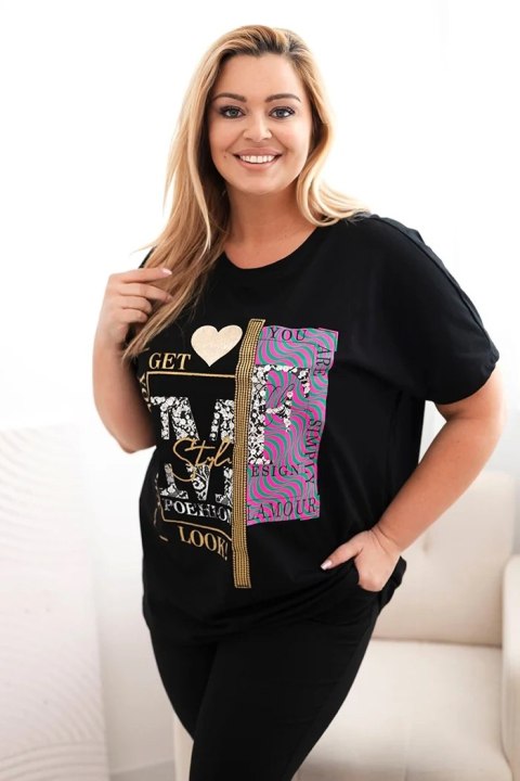 Bluzka damska bawełniana Plus Size z nadrukiem i cekinami czarny + różowy  