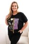 Bluzka damska bawełniana Plus Size z nadrukiem i cekinami czarny + różowy  