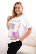 Bluzka damska bawełniana Plus Size ze złotym napisem biały + niebieski  