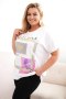 Bluzka damska bawełniana Plus Size ze złotym napisem biały + niebieski  