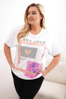 Bluzka damska bawełniana Plus Size ze złotym napisem biały + różowy  