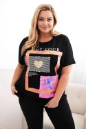 Bluzka damska bawełniana Plus Size ze złotym napisem czarny + różowy  