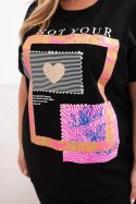 Bluzka damska bawełniana Plus Size ze złotym napisem czarny + różowy  