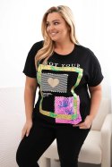 Bluzka damska bawełniana Plus Size ze złotym napisem czarny + zielony  
