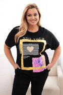Bluzka damska bawełniana Plus Size ze złotym napisem czarny + żółty  