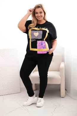 Bluzka damska bawełniana Plus Size ze złotym napisem czarny + żółty  
