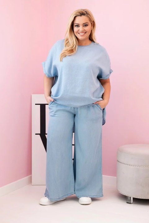 Komplet damski Plus Size z tencelu bluzka i spodnie z wiązaniem jasno jeansowy  