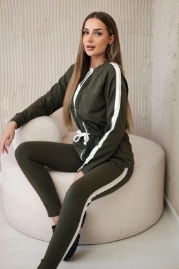 Komplet damski bawełniany z lampasem i ściągaczami khaki  