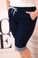 Spodenki damskie bawełniane Plus Size z wiązaniem ciemno jeansowe  