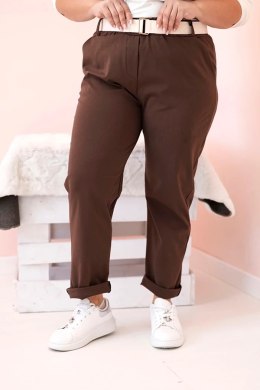 Spodnie damskie bawełniane Plus Size z paskiem brązowe  