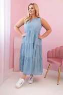 Sukienka damska Plus Size z lyocellu rozkloszowana z falbanami jasno jeansowa  