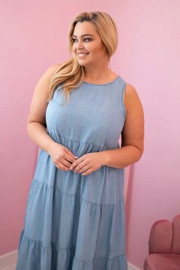 Sukienka damska Plus Size z lyocellu rozkloszowana z falbanami jasno jeansowa  