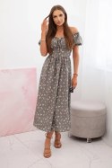 Sukienka damska maxi w kwiaty z bufkami khaki  