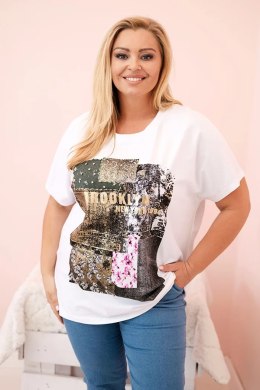 Bluzka damska bawełniana Plus Size z kolorowym nadrukiem biały + khaki  