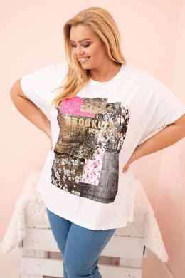 Bluzka damska bawełniana Plus Size z kolorowym nadrukiem biały + różowy  