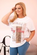 Bluzka damska bawełniana Plus Size z nadrukiem Day Dream biały + camelowy  