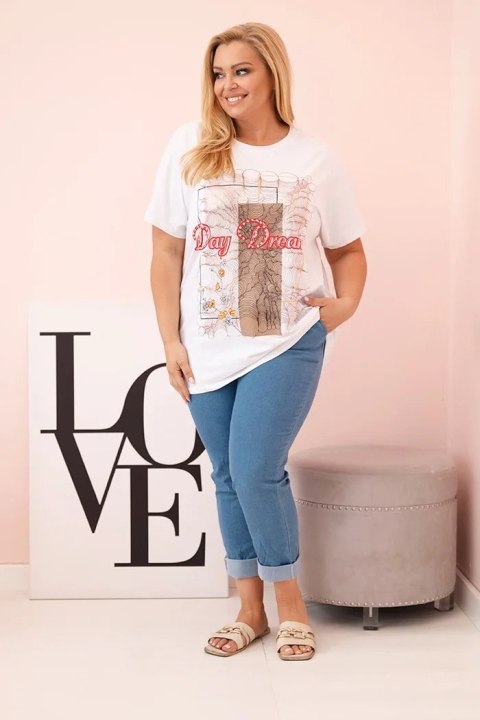 Bluzka damska bawełniana Plus Size z nadrukiem Day Dream biały + camelowy Bluzka damska bawełniana Plus Size z nadrukiem Day Dream biały + camelowy