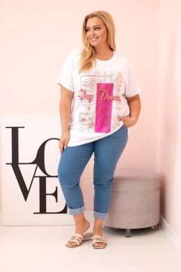 Bluzka damska bawełniana Plus Size z nadrukiem Day Dream biały + różowy  