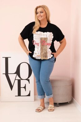 Bluzka damska bawełniana Plus Size z nadrukiem Day Dream czarny + camelowy  