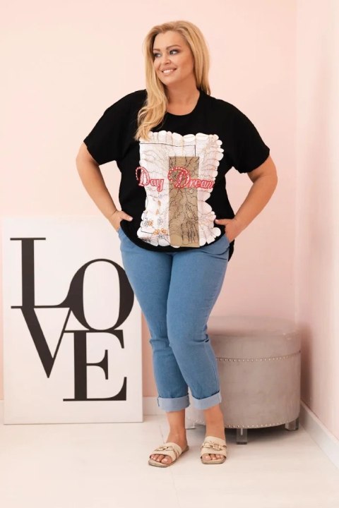Bluzka damska bawełniana Plus Size z nadrukiem Day Dream czarny + camelowy Bluzka damska bawełniana Plus Size z nadrukiem Day Dream czarny + camelowy