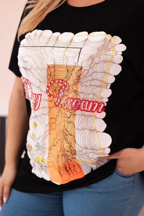 Bluzka damska bawełniana Plus Size z nadrukiem Day Dream czarny + pomarańczowy Bluzka damska bawełniana Plus Size z nadrukiem Day Dream czarny + pomarańczowy