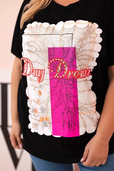 Bluzka damska bawełniana Plus Size z nadrukiem Day Dream czarny + różowy Bluzka damska bawełniana Plus Size z nadrukiem Day Dream czarny + różowy