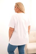 Bluzka damska bawełniana Plus Size z ozdobnym nadrukiem kwiatowym biały + żółty  