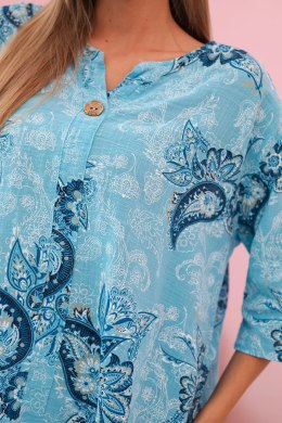 Bluzka damska bawełniana z podwijanym rękawem i wzorem paisley turkusowa  