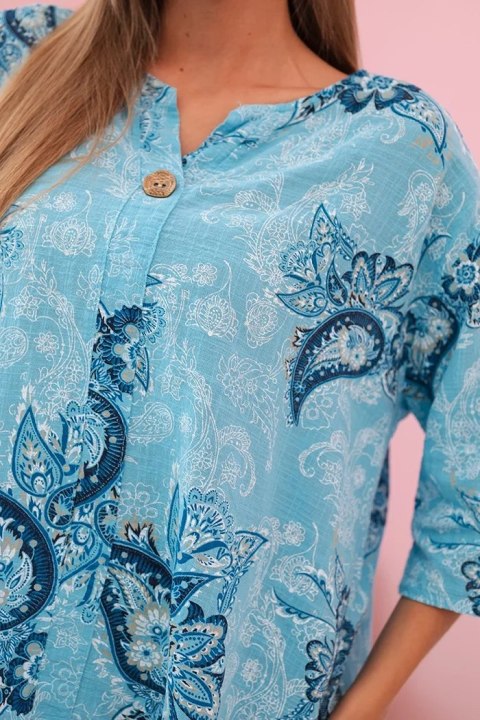 Bluzka damska bawełniana z podwijanym rękawem i wzorem paisley turkusowa Bluzka damska bawełniana z podwijanym rękawem i wzorem paisley turkusowa