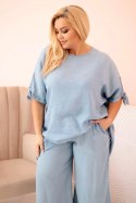 Komplet damski Plus Size z tencelu bluzka z wiązaniem i szerokie spodnie jasny jeansowy  