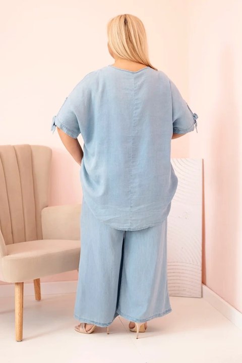 Komplet damski Plus Size z tencelu bluzka z wiązaniem i szerokie spodnie jasny jeansowy  