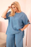 Komplet damski Plus Size z tencelu bluzka z wiązaniem i szerokie spodnie jeansowe  