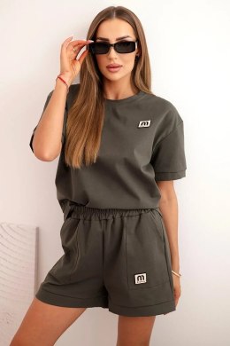 Komplet damski punto z krótkim rękawem i luźnymi szortami khaki  