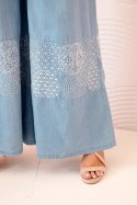 Spodnie damskie Plus Size z szeroką nogawką i haftem etnicznym jasno jeansowe  