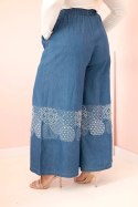 Spodnie damskie Plus Size z szeroką nogawką i haftem etnicznym jeansowe  