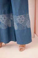 Spodnie damskie Plus Size z szeroką nogawką i haftem etnicznym jeansowe  
