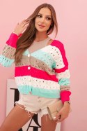Sweter damski ażurowy w paski z dekoltem V fuksja + fango  